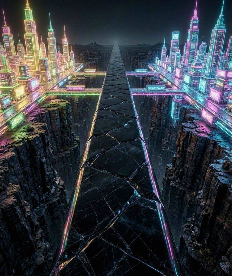 A long obsidian bridge extending across a deep canyon, connecting two separate glowing digital city.