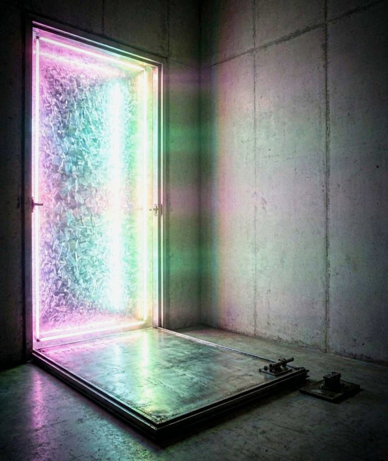A heavy steel door completely detached from its hinges, lying flat on a concrete floor as bright.