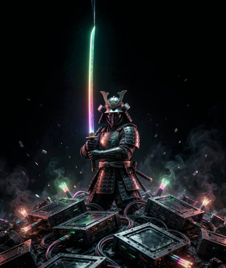 A silhouetted samurai standing on a mountain of broken server racks and tangled wires.