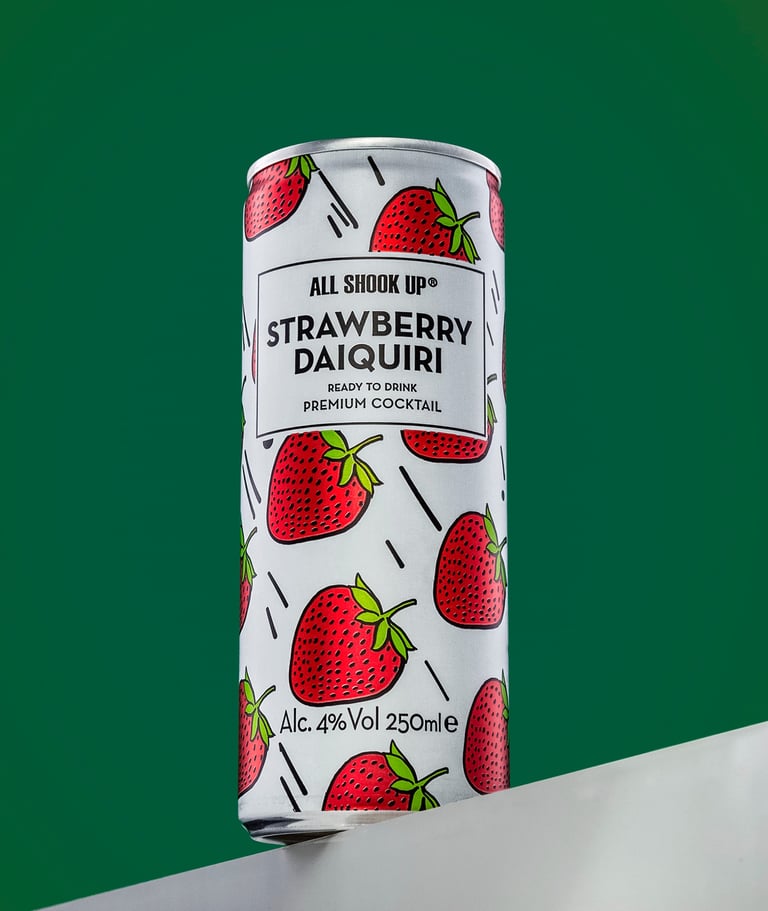 Can of strawberry cocktail on a shelf
