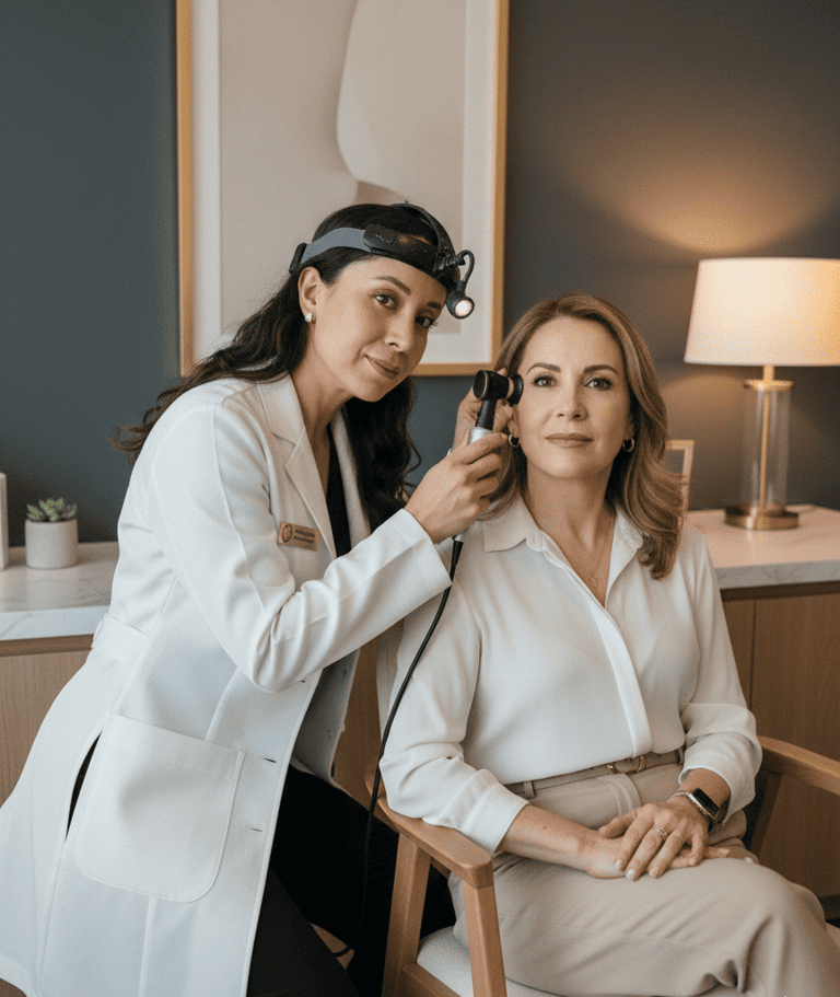 Doctora otorrinolaringóloga con bata realizando una consulta de otorrinolaringología