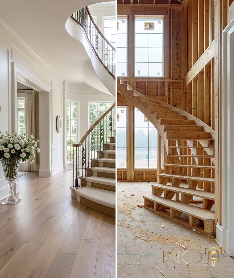 Split-screen comparison of a luxury custom home project by Daeco. Left: A finished high-end foyer fe