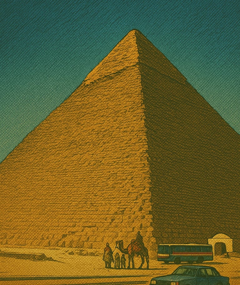 a car parked in front of a pyramid