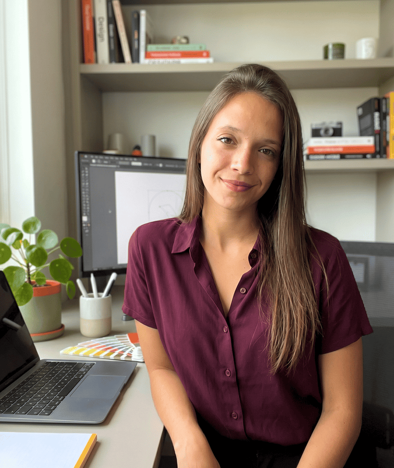 Una diseñadora gráfica sonriente está sentada en su escritorio con una computadora portátil