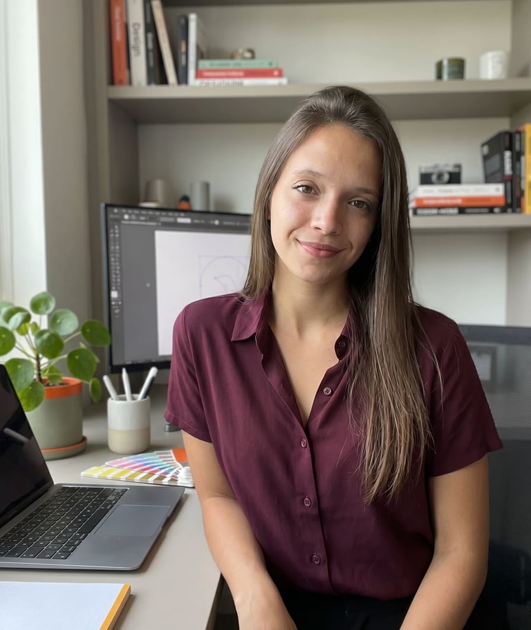 Una diseñadora gráfica sonriente está sentada en su escritorio con una computadora portátil