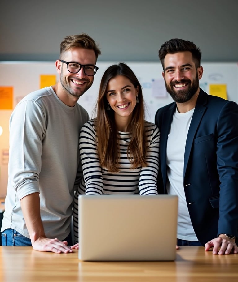 two men and a woman standing in front of a laptop
