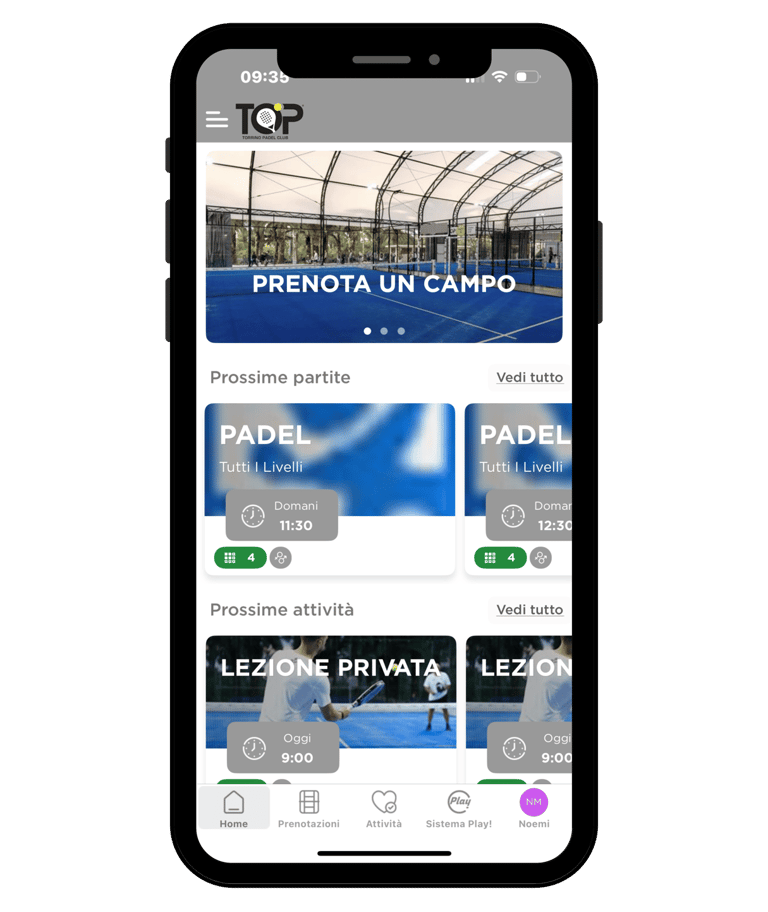 Padel court booking mobile app showing private lessons and match scheduling interface.