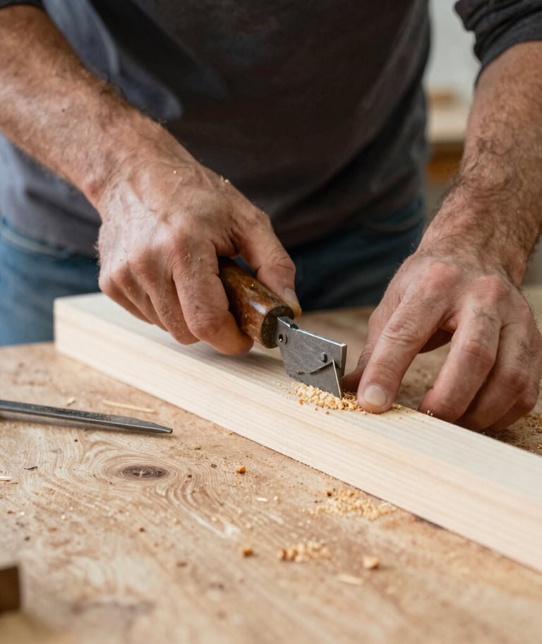 A craftsman carefully engraving a wooden panel with a laser in a cozy workshop.