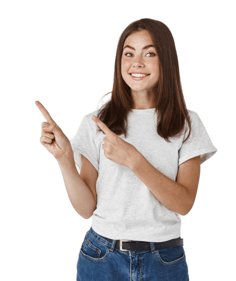 chica con camiseta blanca apuntando con los dedos a un lado con fondo transparente