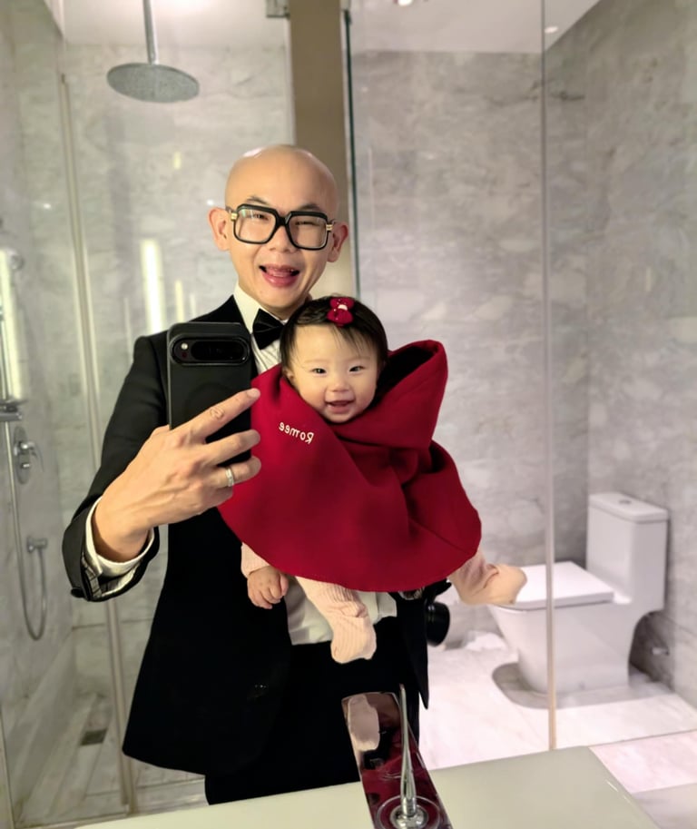 a man in a suit and tie is taking a selfie with his baby