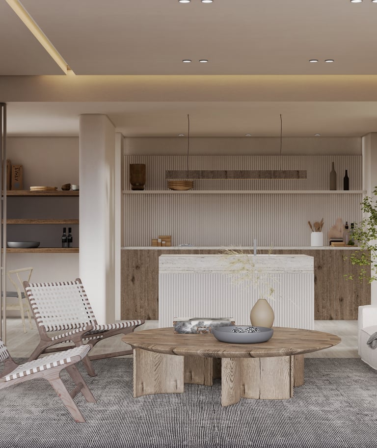 Contemporary living space featuring a cozy white sectional sofa with a textured finish, paired with a rustic wooden coffee ta