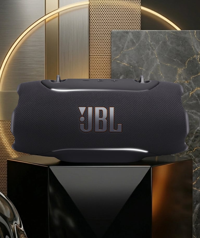 Enceinte JBL Xtreme 5 noire posée sur un socle devant un décor premium en marbre et métal doré