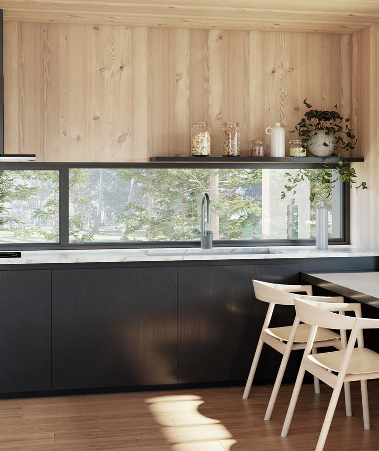 a kitchen with a wooden counter top and a window
