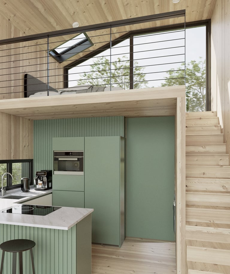 a kitchen with a staircase and a staircase leading to a loft