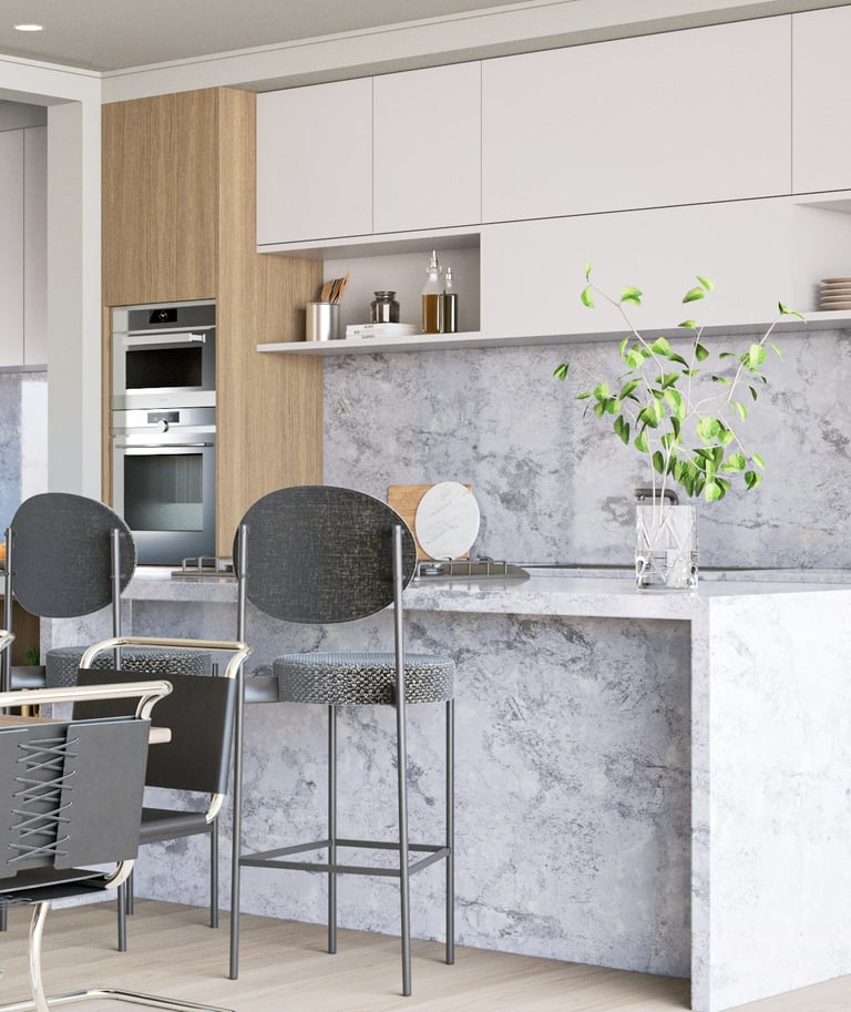 Une salle à manger avec une table en marbre et des chaises