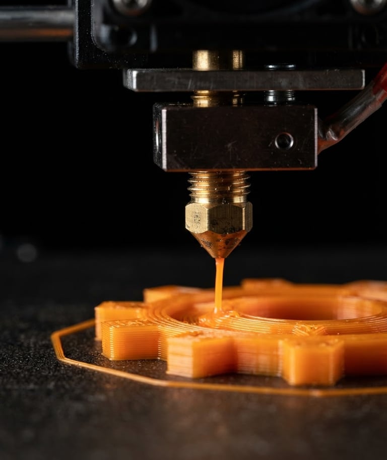 Macro shot of a high-precision 3D printer nozzle extruding vibrant orange filament, clean black background, sharp industrial studio lighting.