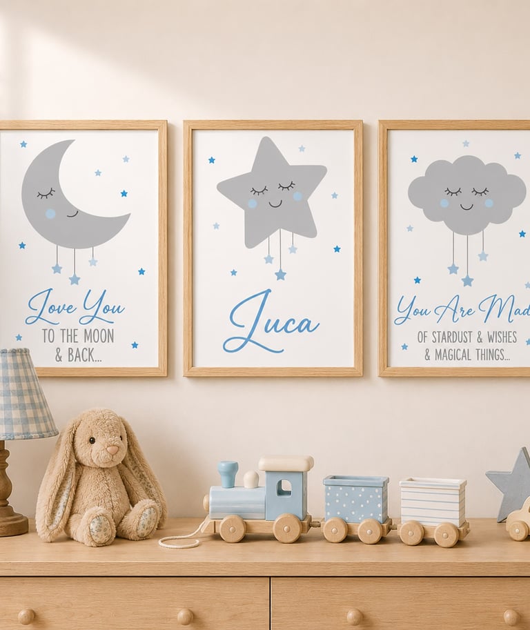 Set of three personalised moon, star and cloud nursery prints in a neutral children's bedroom. Perso