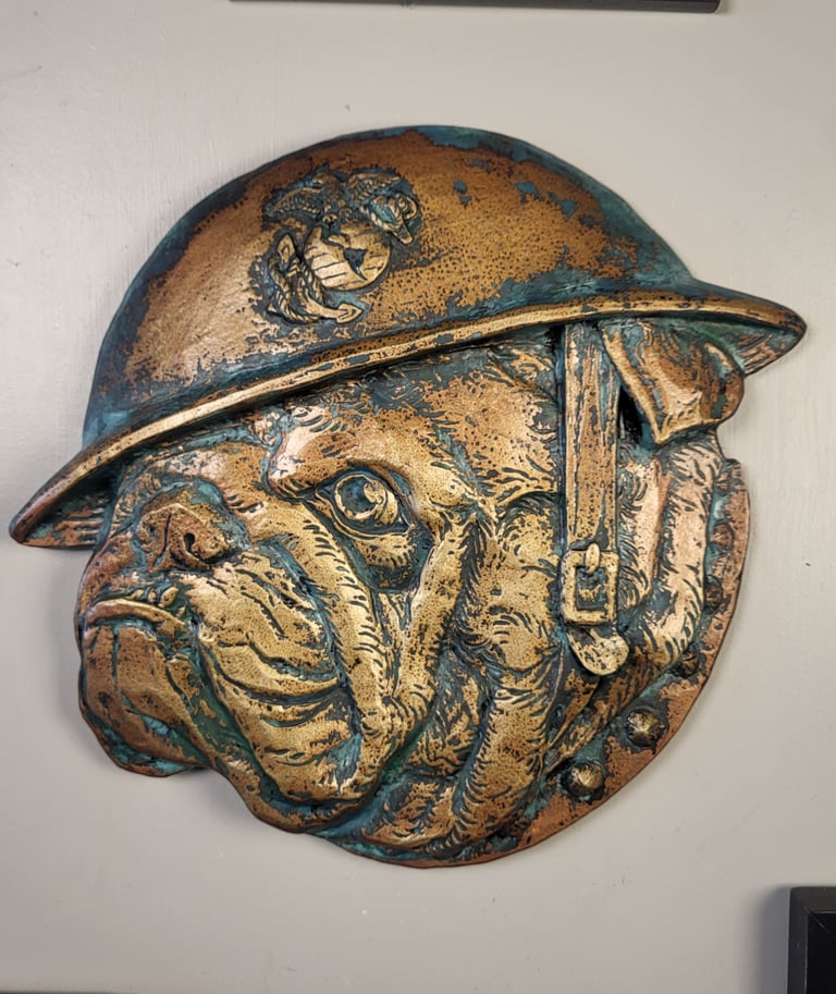  Plaque of a USMC Pitbull wearing a vintage military helmet with an Eagle Globe and Anchor on it