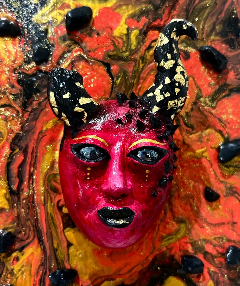 a painting of a woman's face with a red mask