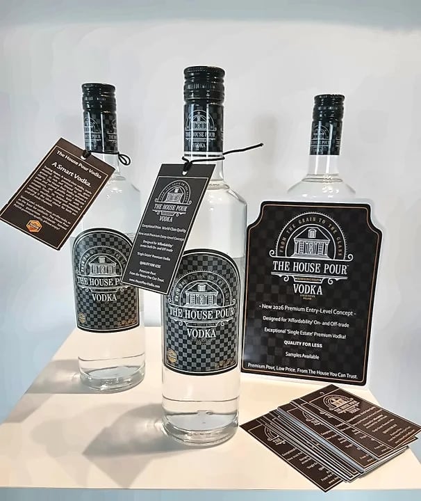 Three bottles of The House Pour Vodka with promotional labels and hang tags on display.