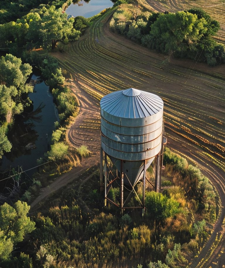 a large water tank sitting on top of a field