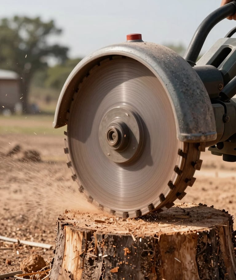 Close-up of a commercial stump grinder's cutting wheel mid-operation, grinding teeth visible with fresh wood chips spraying, natural morning light illuminating the machine against a clay-heavy Texas yard in the background