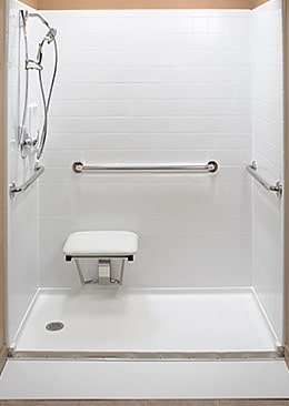 salle de bain douche pour personne en situation de handicap siège rabattable barre d'appui 