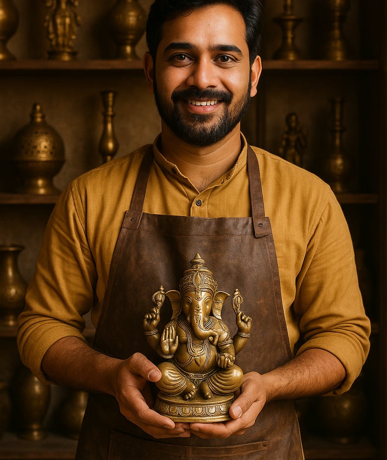 a man in a brown apron and aprons holding a statue of a gan gan