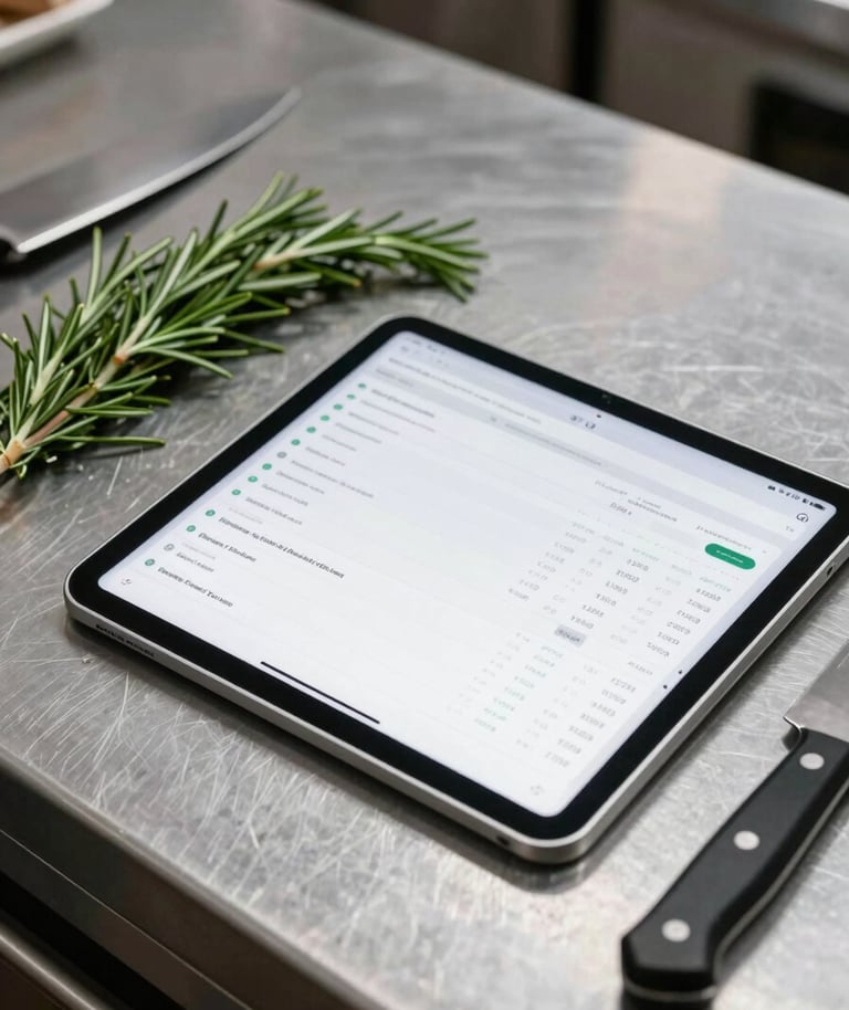 Tablet showing clean financial dashboard next to fresh rosemary and chef knife on stainless steel kitchen counter, crisp daylight