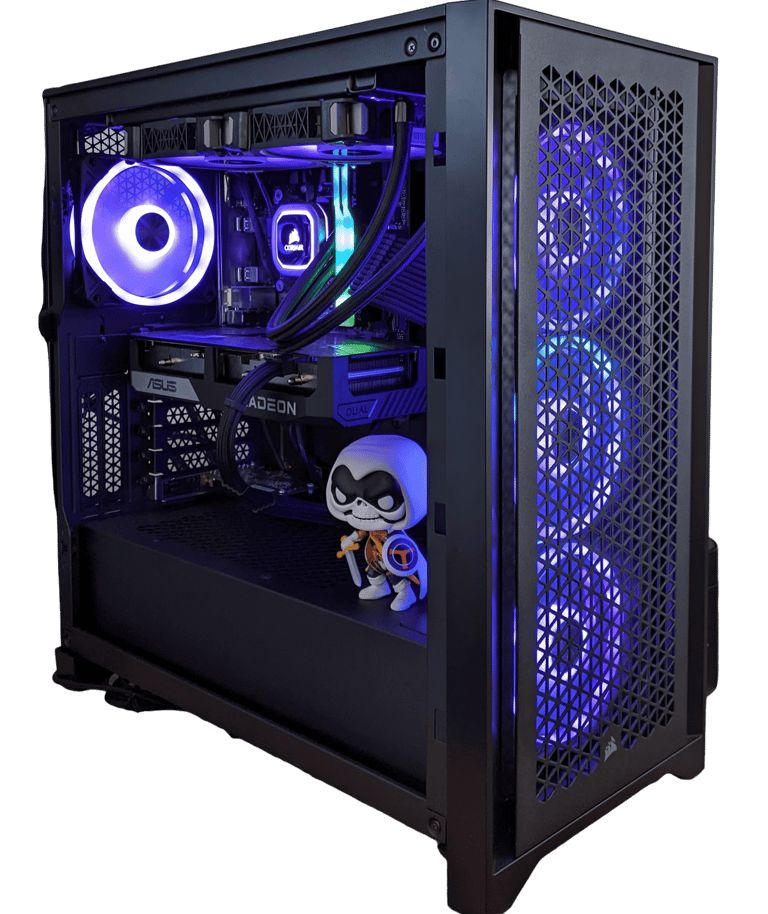 a computer case with a toy figure on it