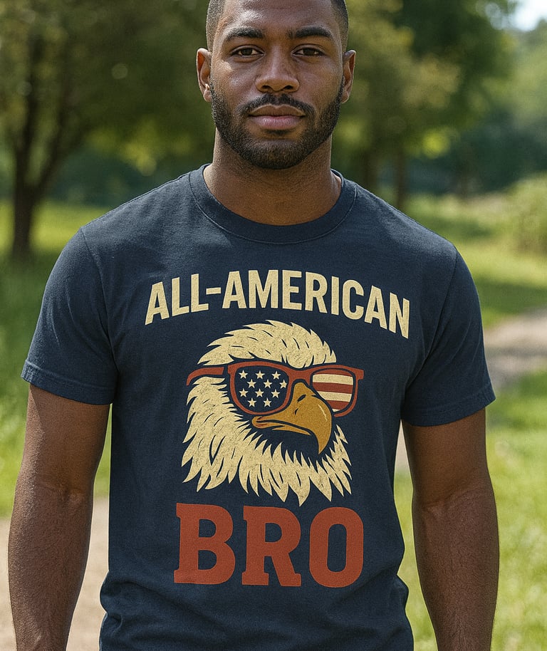 a man in an eagle t - shirt that says all american bro bro broccoli
