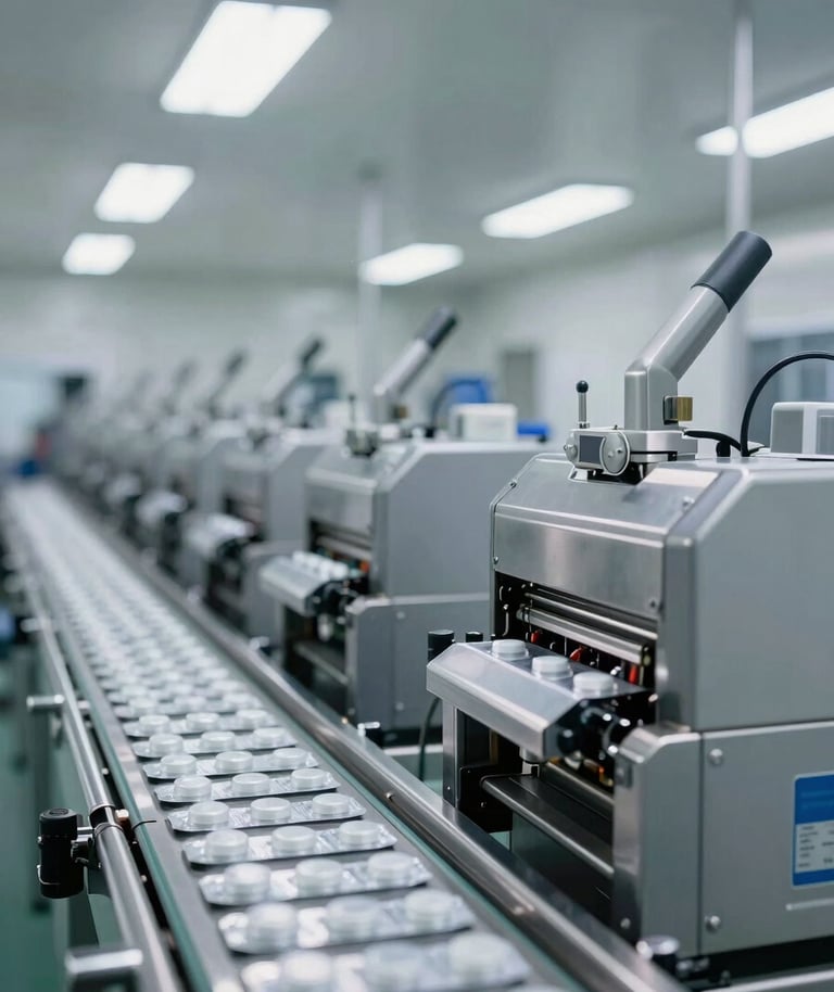 Panoramic view of a pharmaceutical packaging line under bright institutional lighting, blister-pack sealing machines in a row along a clean stainless conveyor, overhead fluorescent strips reflecting off polished surfaces, no personnel, industrial precision