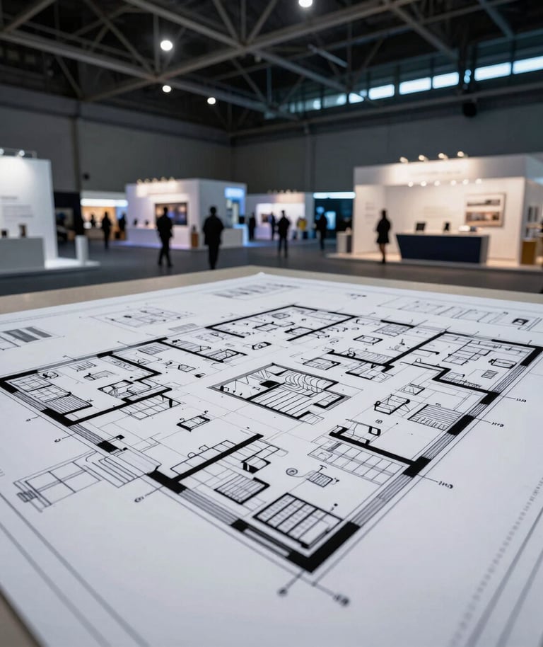 A technical blueprint drawing of an exhibition hall floor plan overlaid with sharp lines, contrasting with cool ambient light of a live exhibition setup in Jakarta