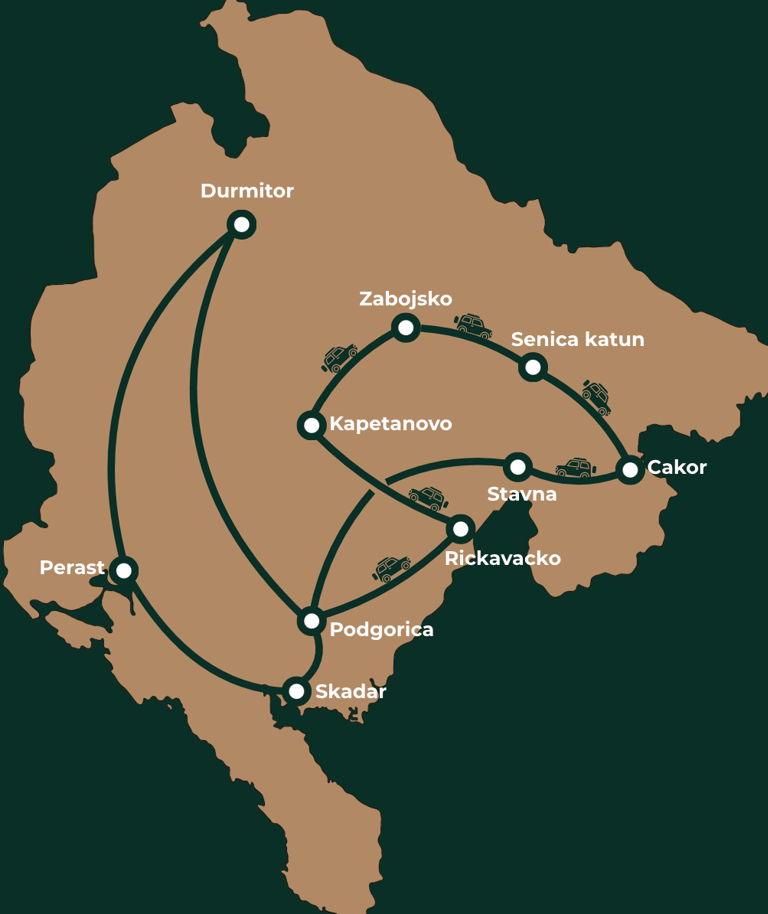 Illustratieve kaart van een 4x4 reisroute door Montenegro langs bergen, meren en katuns.