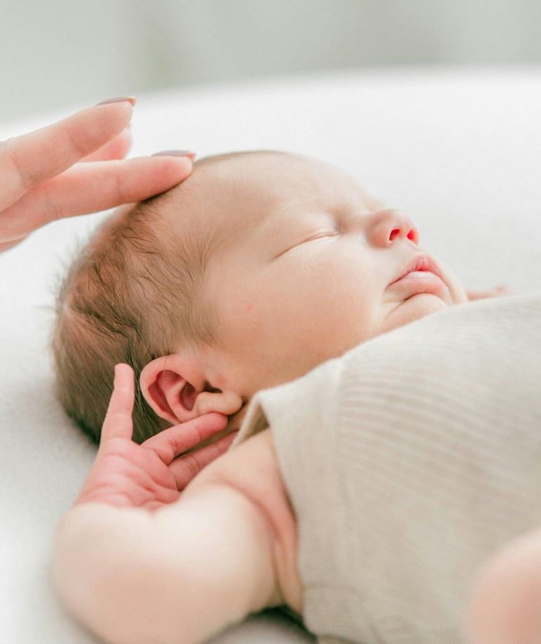 a baby is laying on a bed with her hands up to her ear