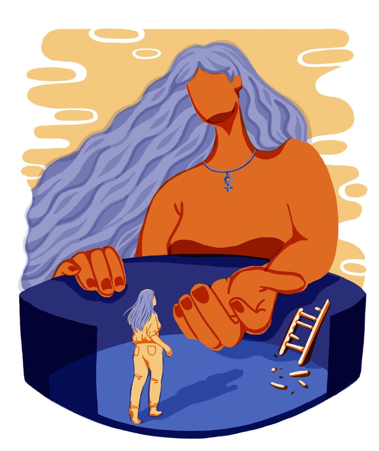 a woman with a long hair offering her hand to a mini woman facing a broken ladder