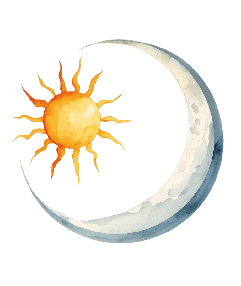 Watercolor illustration of a yellow sun nestled within a crescent moon on a black background.