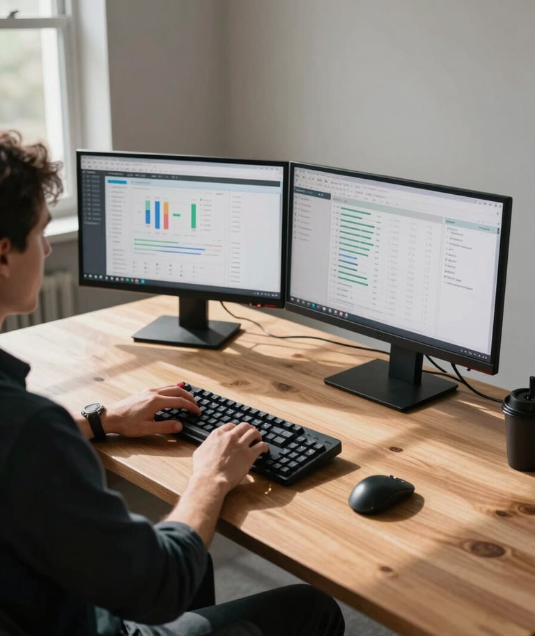 Wide environmental shot, medium framing — a creator seated at a large wooden desk in a clean studio, hands resting on a mechanical keyboard, two monitors displaying analytics dashboards, natural daylight from a side window casting structured shadows across the desk surface, no eye contact with camera, focus on the workspace context