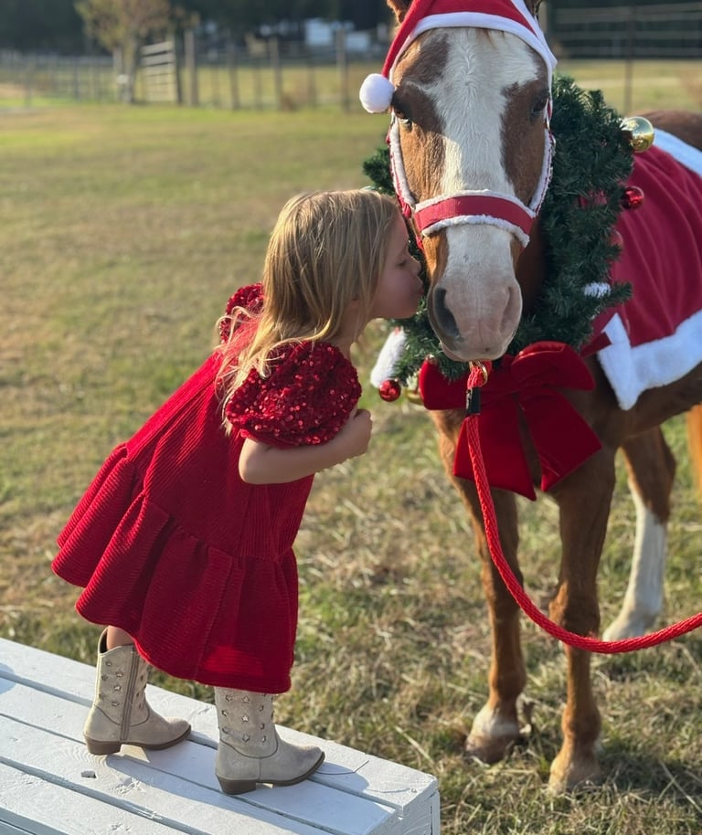 Snickers the Santa Pony gets Christmas kisses at a holiday pony photo session