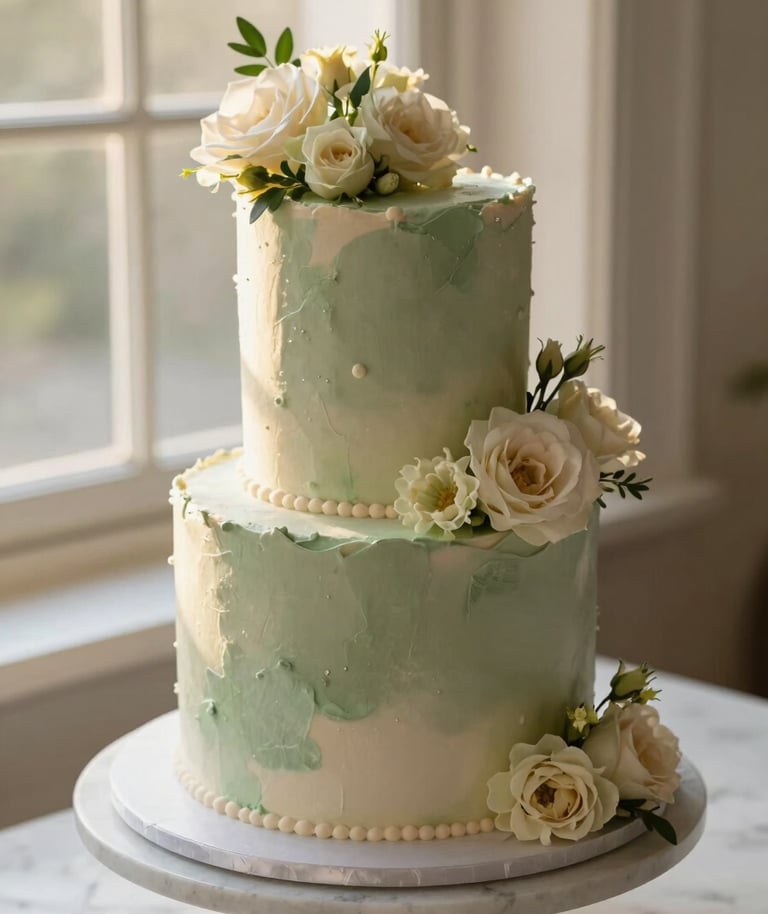 Overhead close-up of a tiered celebration cake with soft sage green and cream fondant, fresh florals on top, on a marble cake stand, golden-hour window light, sculptural and minimal styling, no people