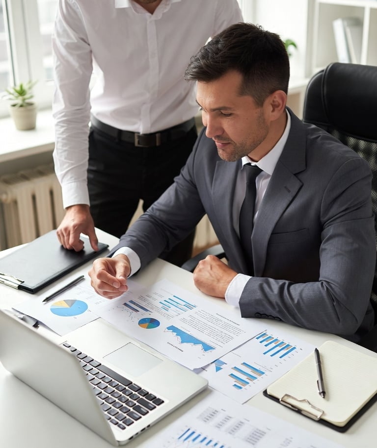 Two business professionals reviewing financial data charts and reports on a desk with a laptop.