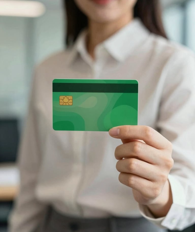 A close-up of a young professional in a sharp, minimalist outfit holding a Canadian bank card, soft focused office background, professional lighting, featuring #2B5F47 and #A8986F color palette.
