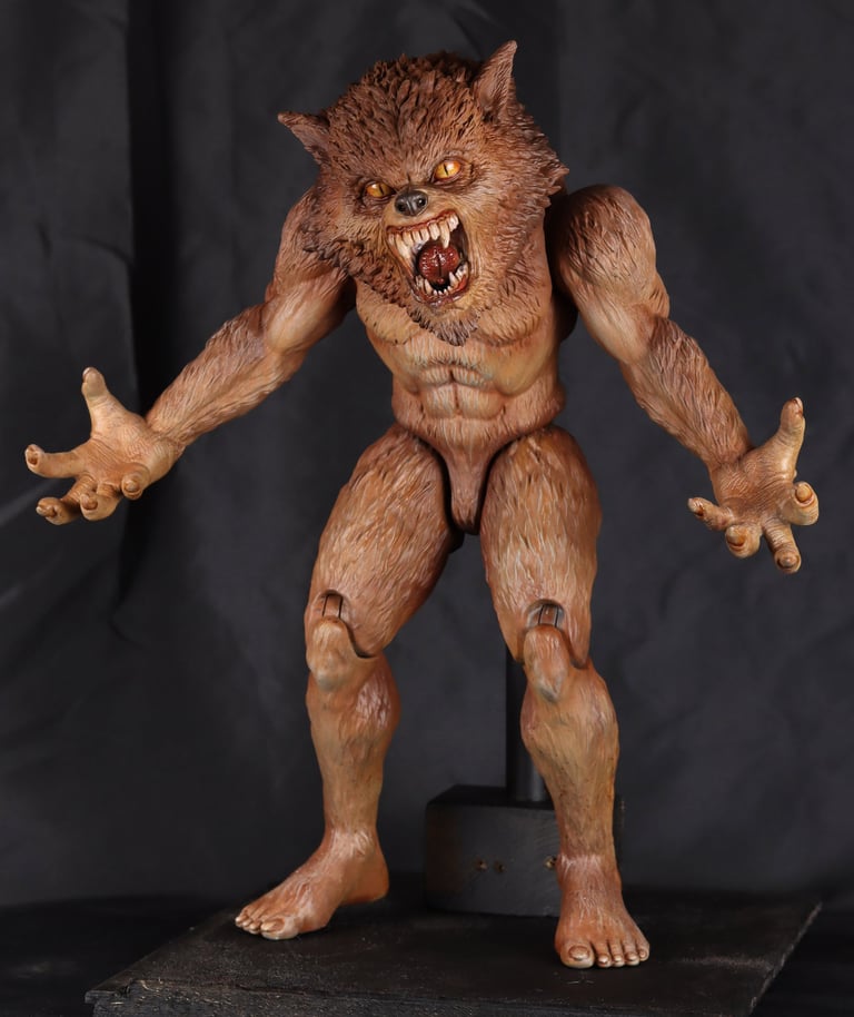 Hand-sculpted werewolf creature figure produced using 3D printing, mould making, and painted resin casting