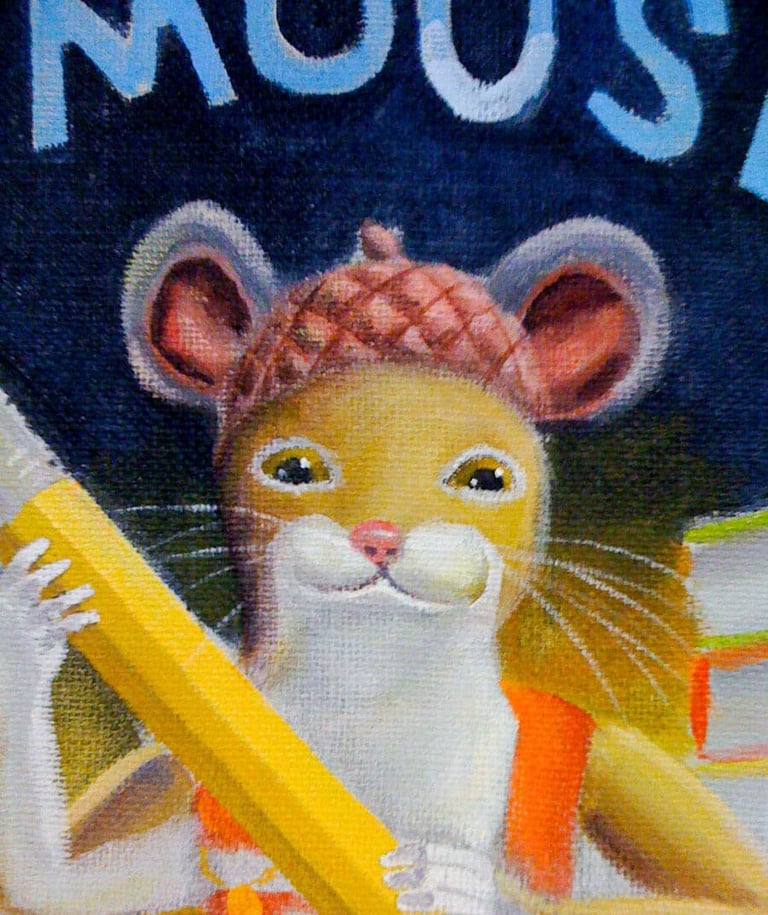 A trompe l'oeil mural with a close-up of a book cover from The Library Mouse series by Daniel Kirk.