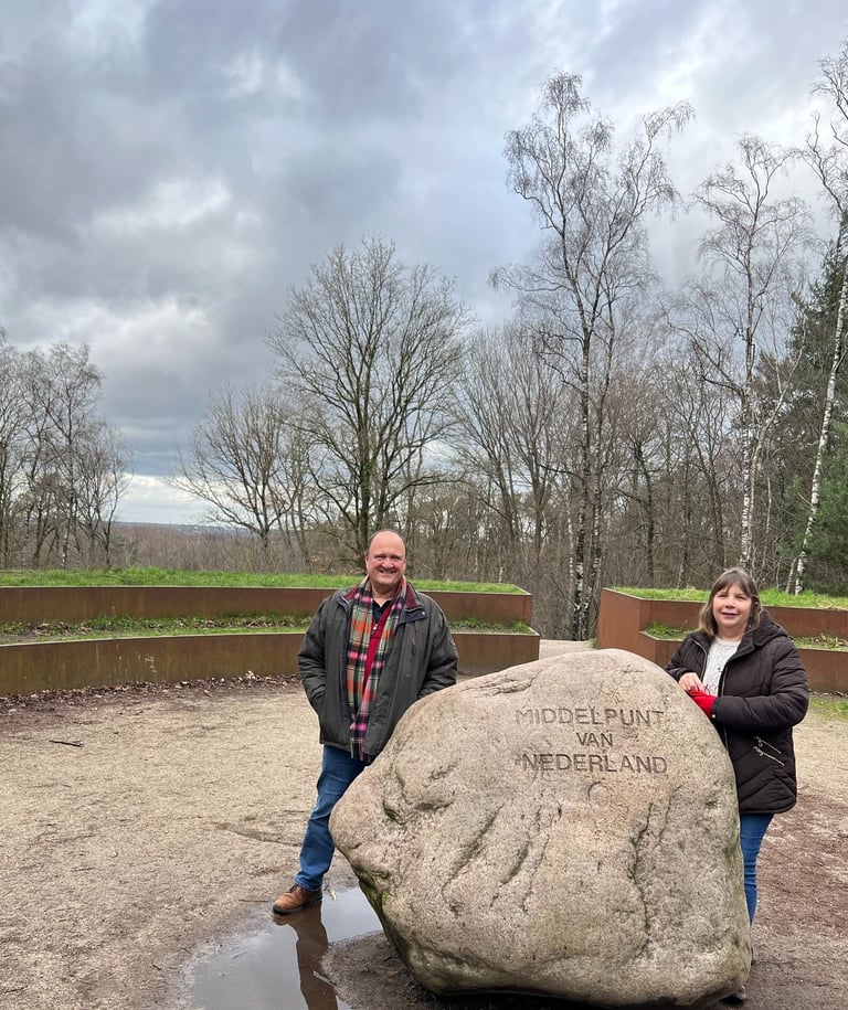 Maurice and Rachel visiting the stone that marks the centre of the Netherlands