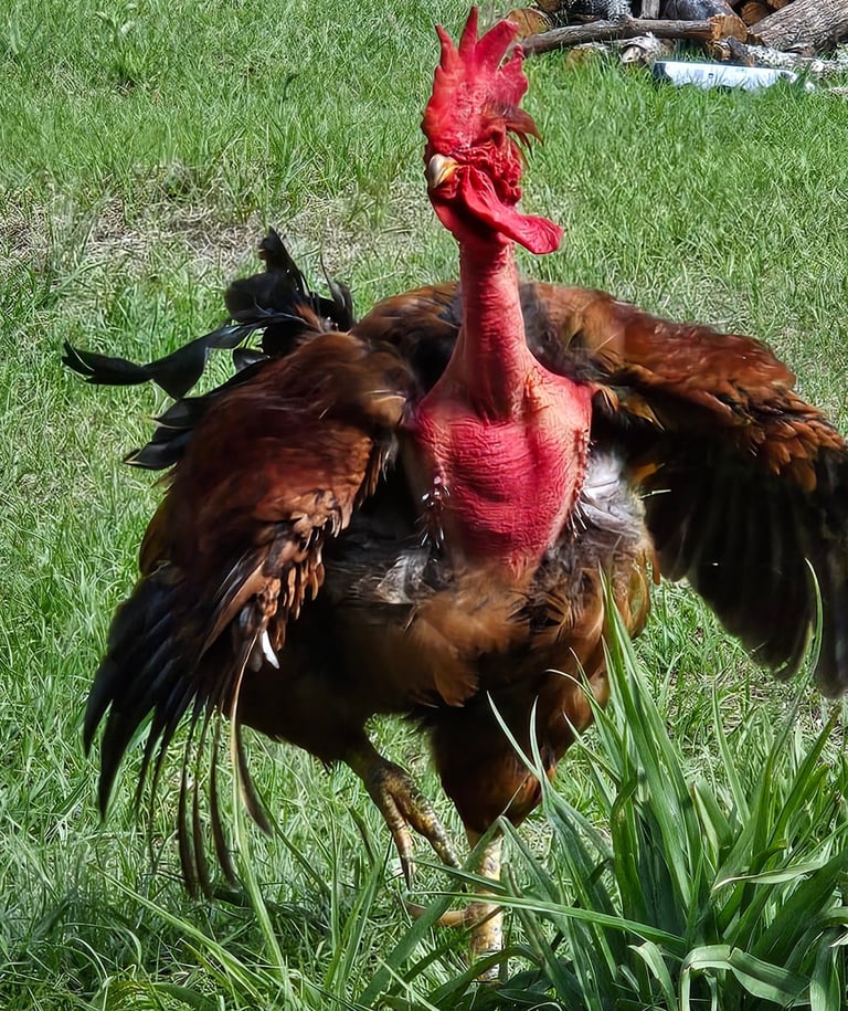 Naked neck rooster running with wings partially out to sides