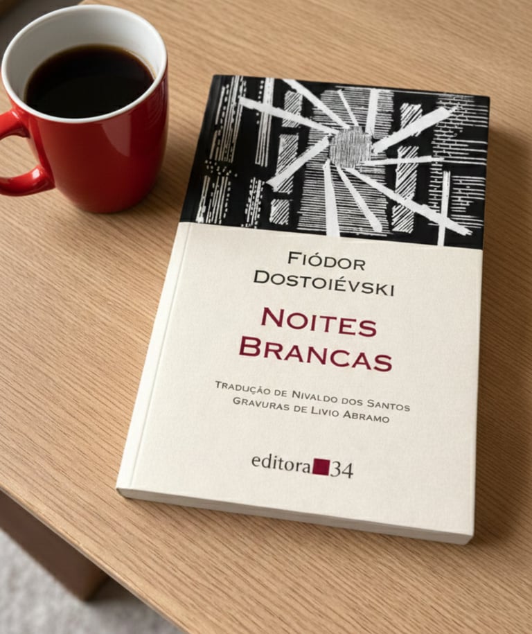 A copy of White Nights by Fyodor Dostoevsky on a wooden table next to a red mug of black coffee.