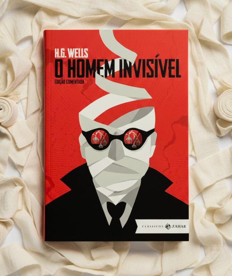 Cover of H.G. Wells book O Homem Invisível on a background of white bandages.