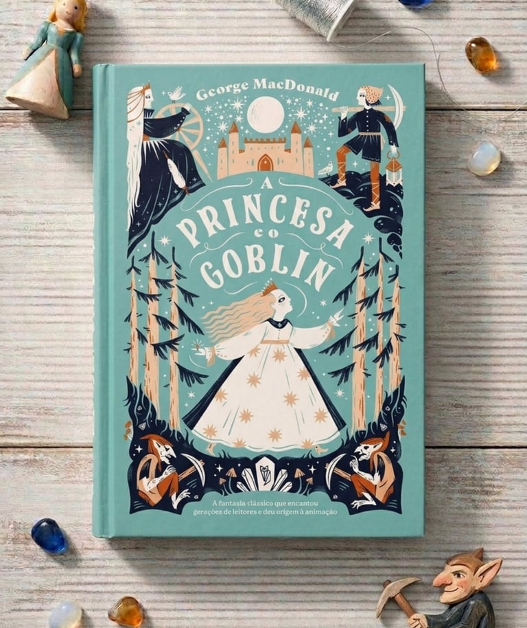 The Princess and the Goblin book cover with fairy tale illustrations of a princess and miners.