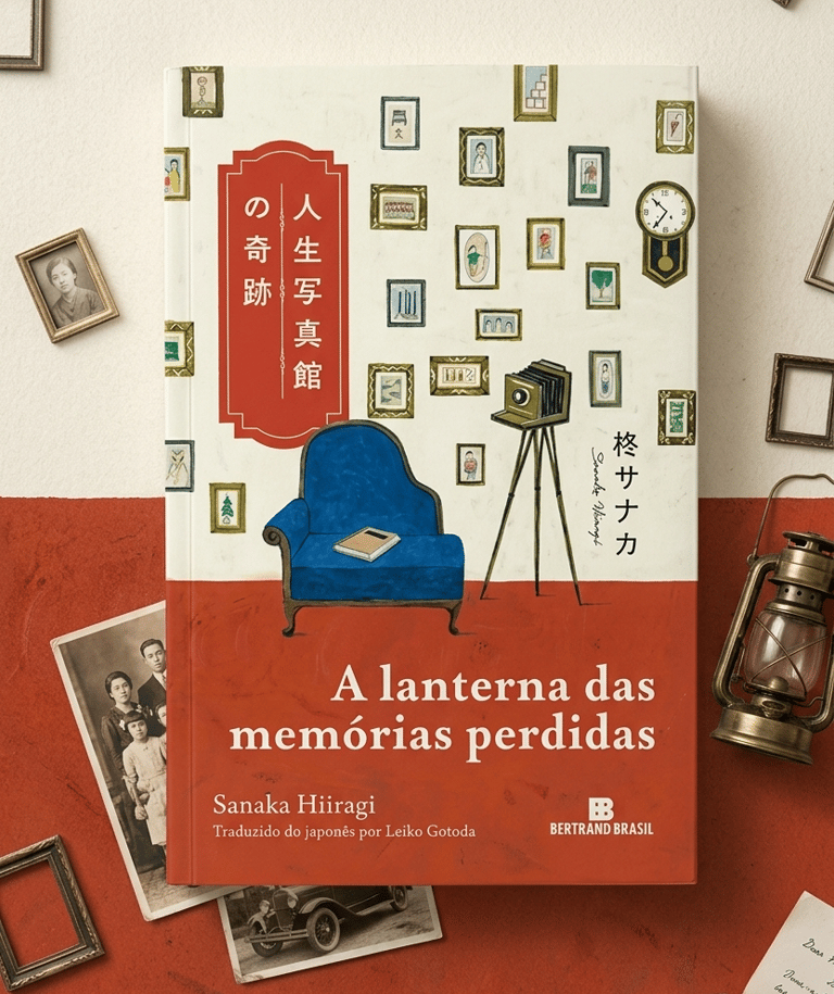 Portuguese edition of Sanaka Hiiragi's book A Lanterna das Memórias Perdidas surrounded by vintage photos.